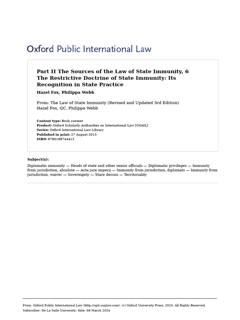 State Immunity Pdf Sovereignty Jurisdiction