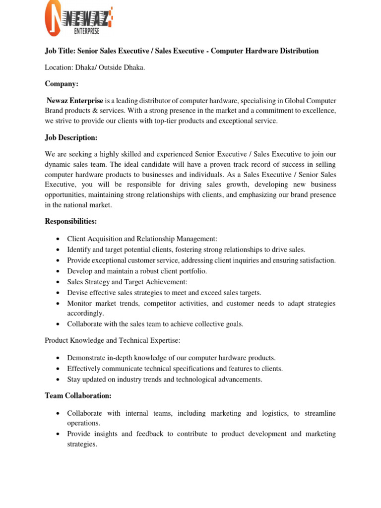 Senior Sales Executive Job - Dhaka | PDF | Sales | Marketing