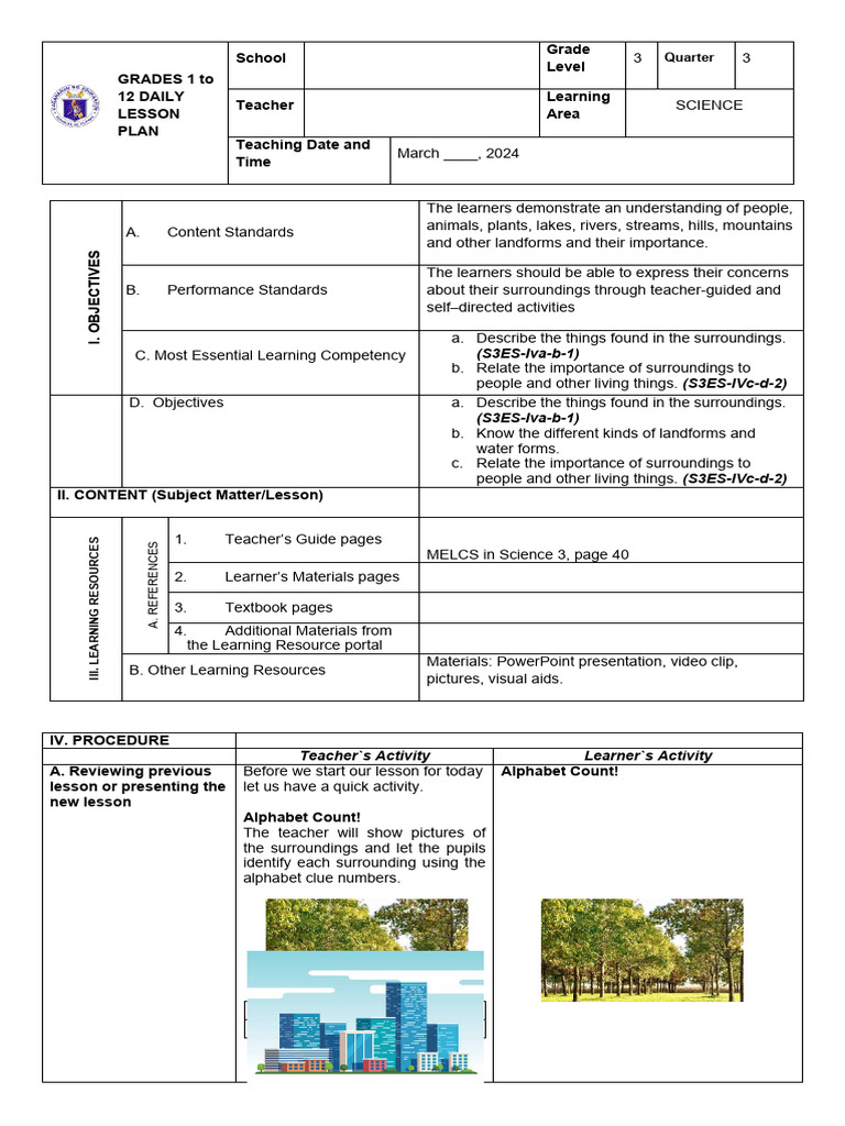 Grade 3 Lesson Plan: Earth and Surroundings | PDF