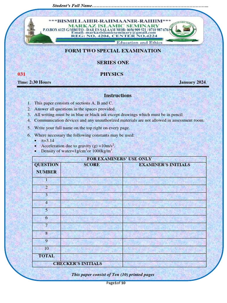 Form Two Physics Special Exam Paper | PDF | Density | Metrology