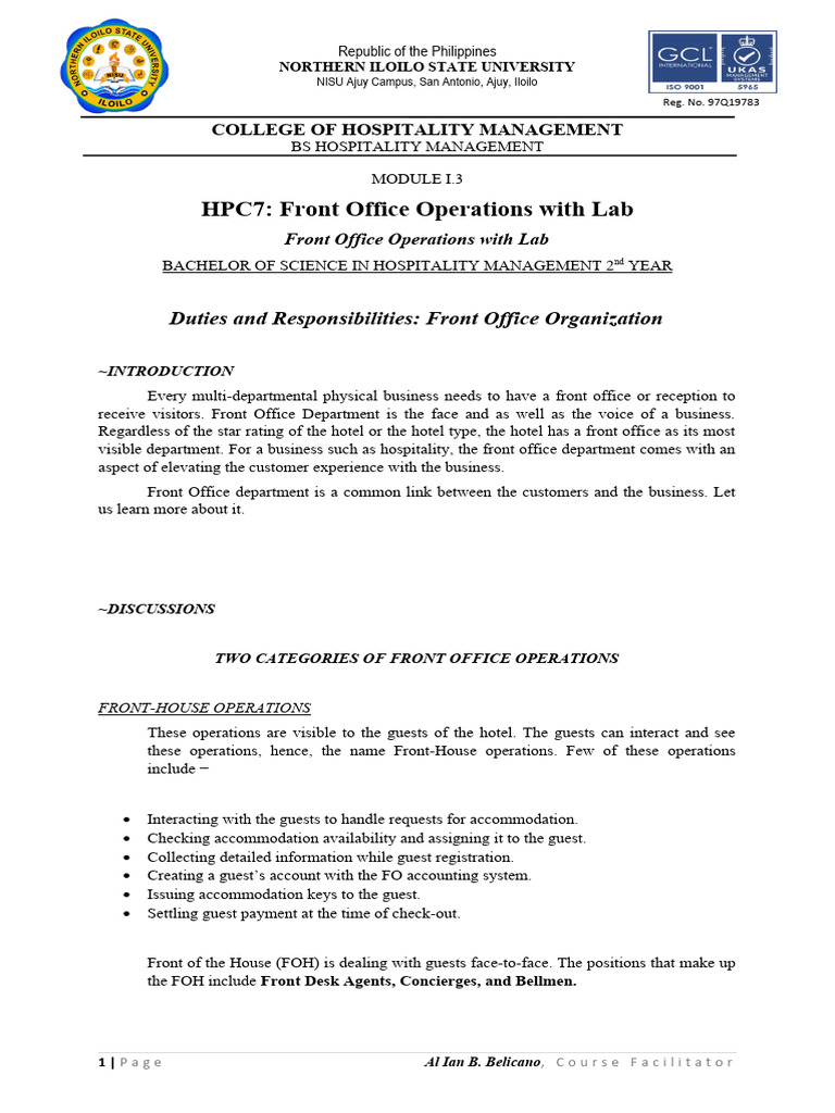 Front Office Operations in Hospitality | PDF | Baggage | Hotel