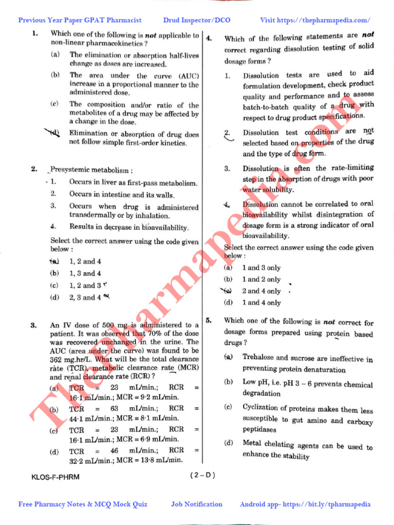 UPSC Drug Inspector Exam 2023 Paper | PDF | Bioavailability ...