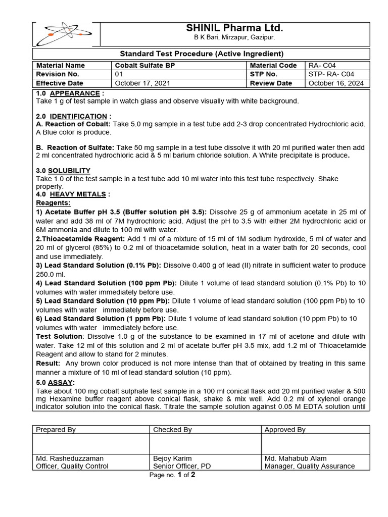 Cobalt Sulfate Test Procedure | PDF | Acid | Solubility