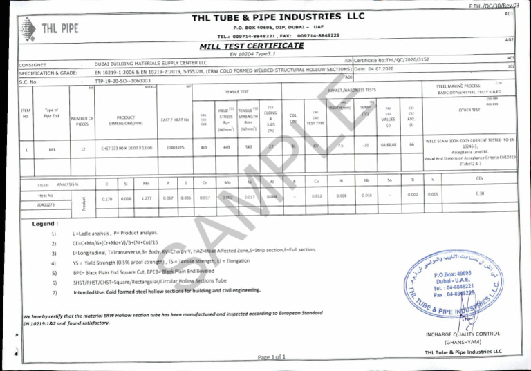 MTC for THL Pipe Products in Dubai | PDF