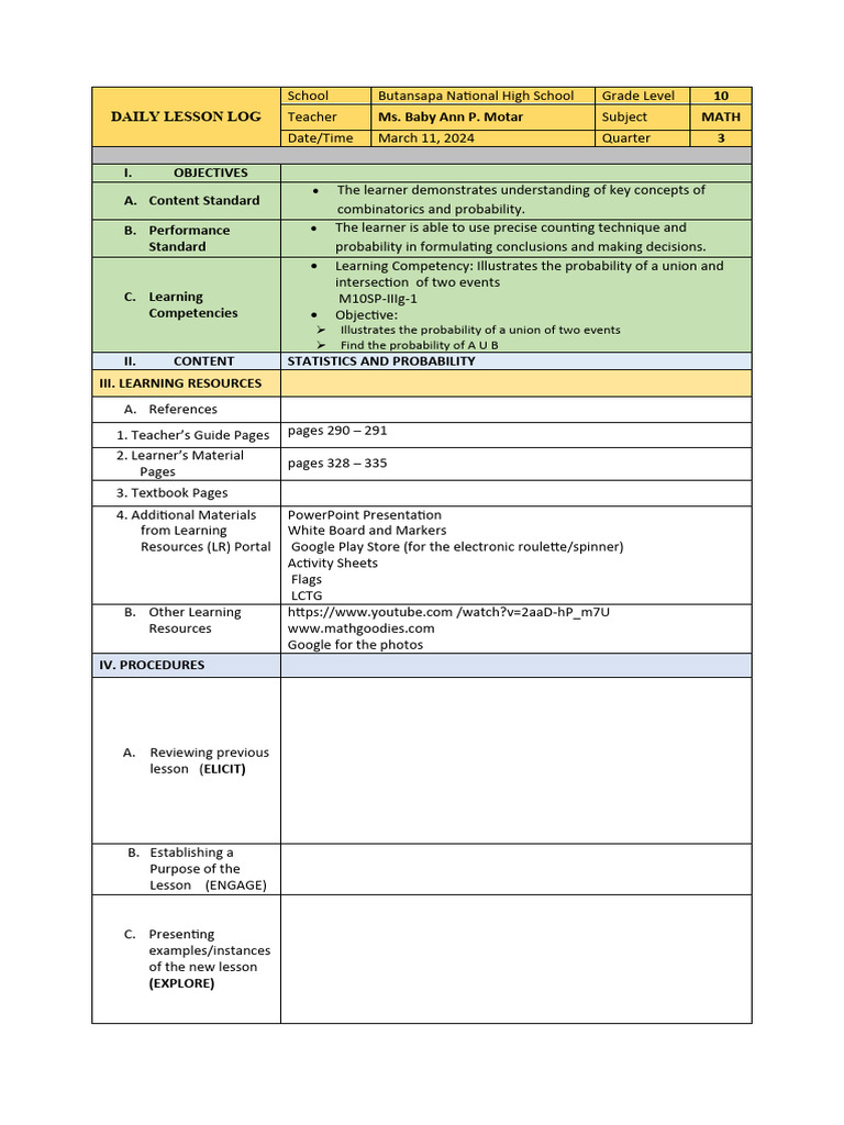The Probability of Two Events MARCH 11. 2024 | PDF | Learning | Probability