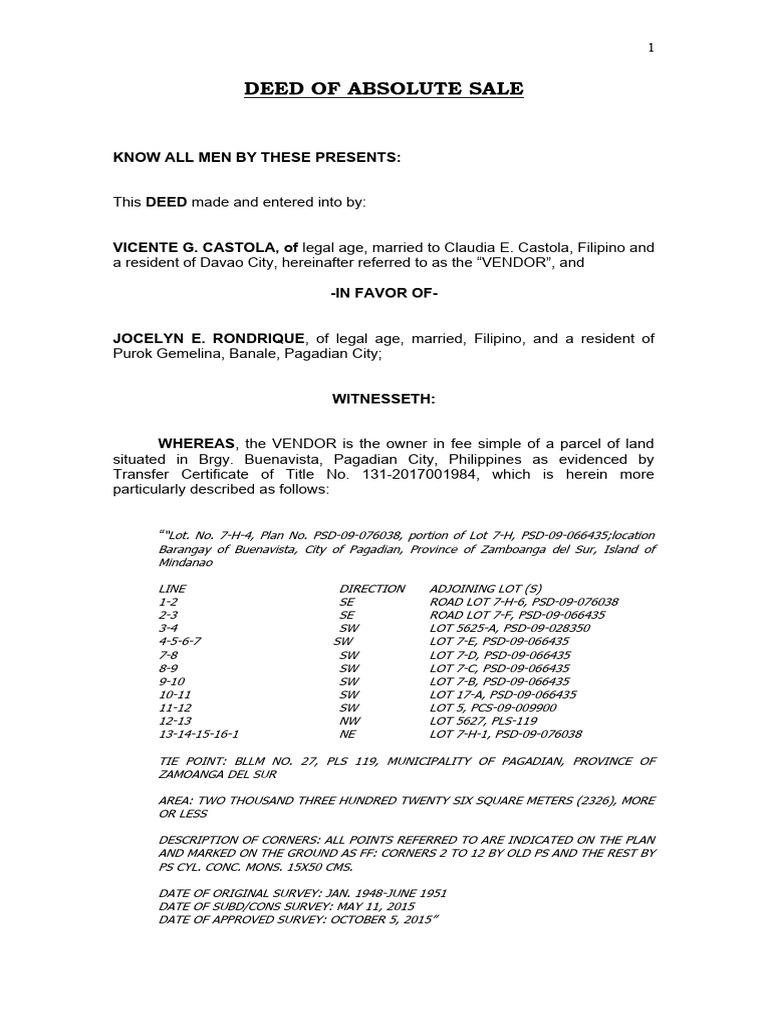Deed of Sale (With TCT Land Particulars) | PDF | Deed | Title (Property)