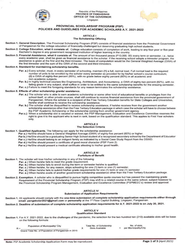 Pangasinan Provincial Scholarship Guidelines | PDF