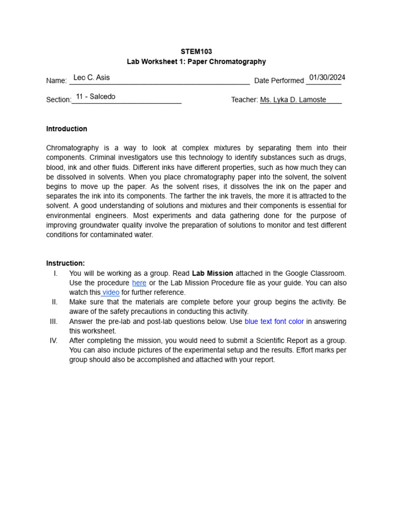 Paper Chromatography Lab Worksheet | PDF | Chromatography | Solvent