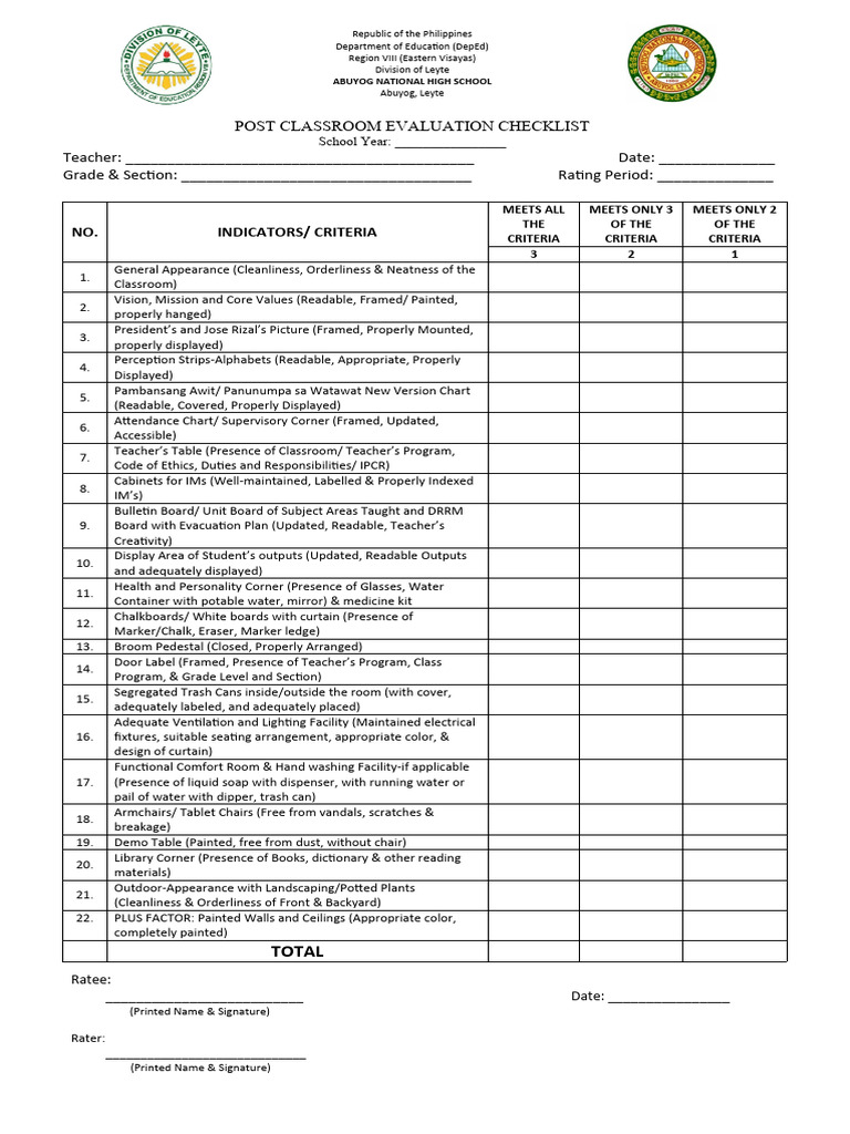 Classroom Evaluation Checklist 2024 | PDF