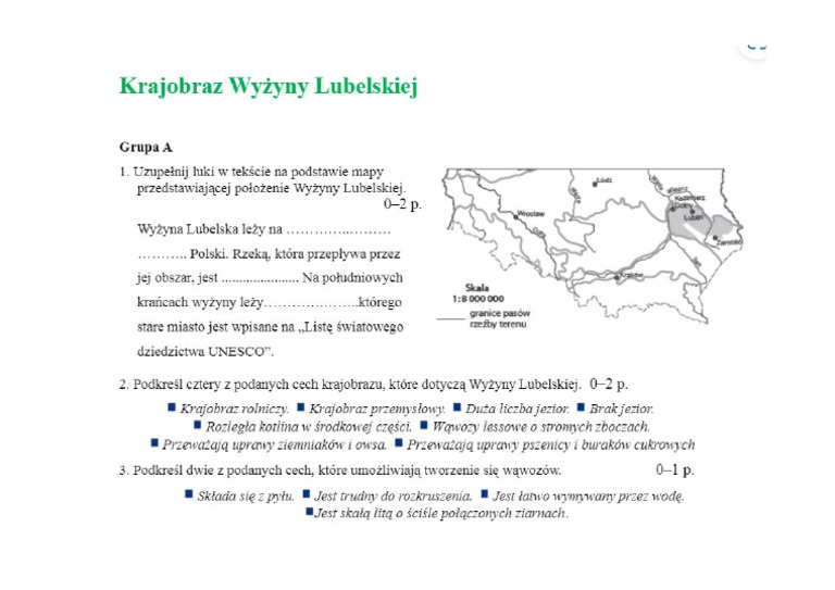 Sprawdzian Z Geografii Klasa 5 Dzial 3 Wyżyna Lubelska GR A Klasa 5 | PDF