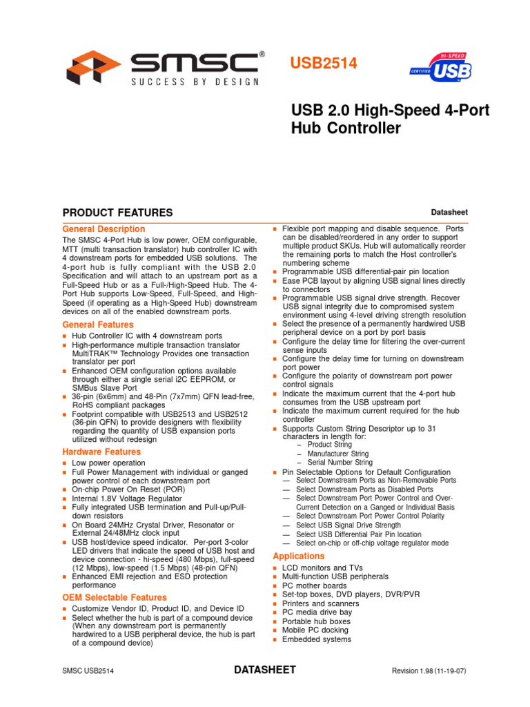 USB 2.0 High-Speed 4-Port Hub Controller: Product Features | PDF ...
