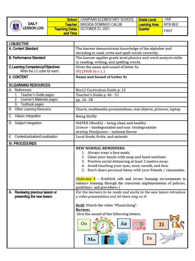 Grade 1 Lesson Plan: Letter Ss Focus | PDF | Learning | Cognition