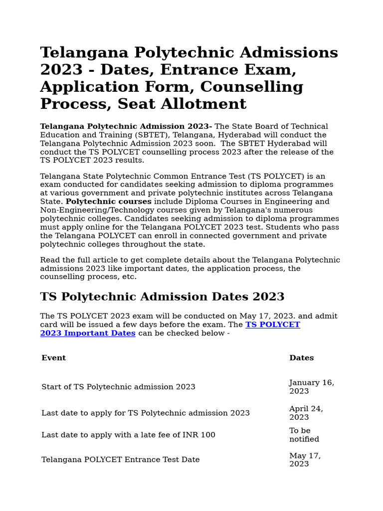 TS POLYCET 2023 Admission Dates & Process | PDF | University And ...