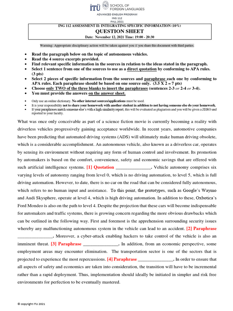 ING 112 2021 Fall Assessment II QUESTION Sheet | PDF | Transport | Vehicles