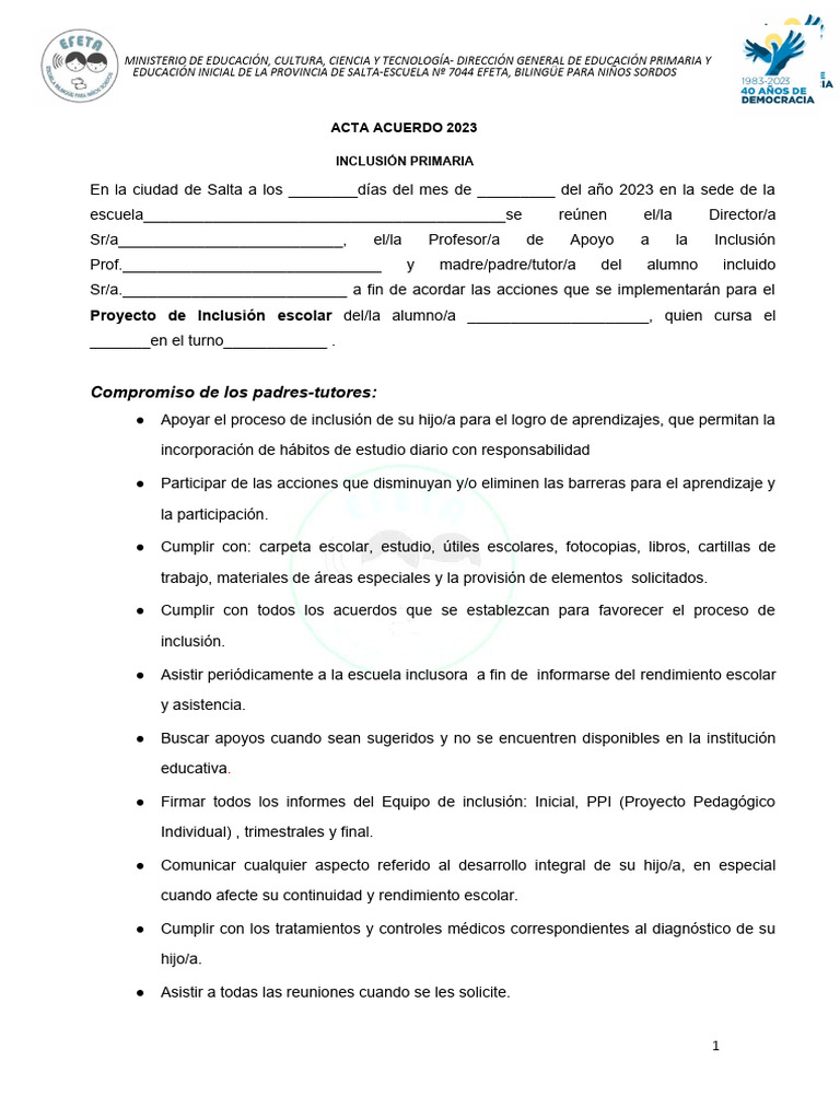 Acta Acuerdo de Inclusión Escolar 2023 | PDF | Inclusión (Educación ...