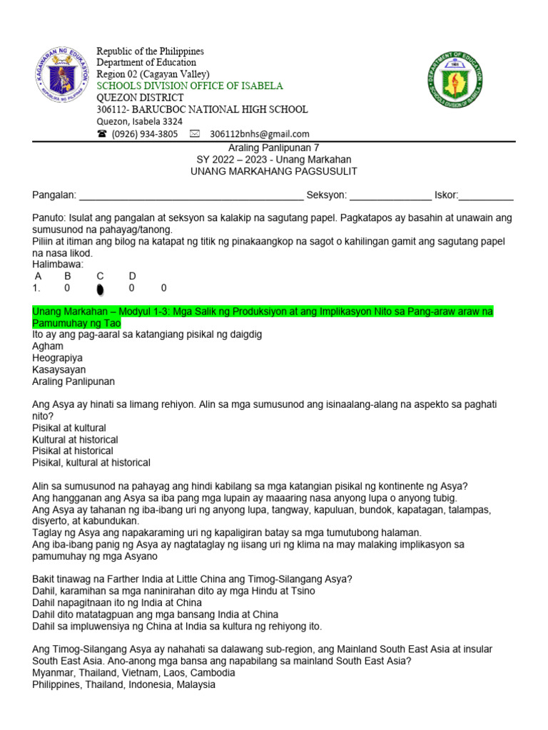 Araling Panlipunan 7 Examination Pdf