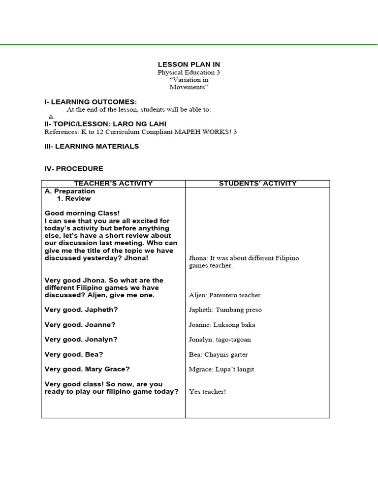 Lesson Plan Pe3 Pdf