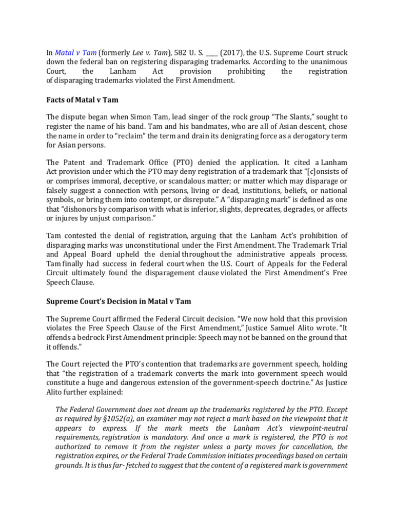 Matal v. Tam | PDF | Federal Government Of The United States | Law Of ...