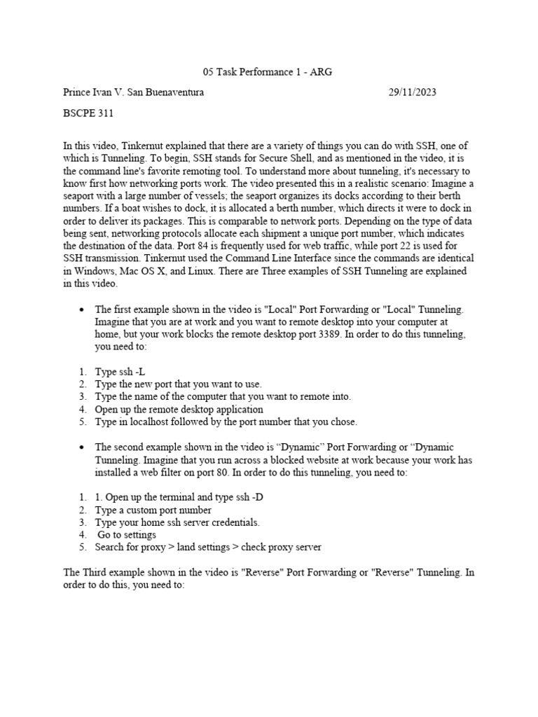 SSH Tunneling: Performance Task Guide | PDF | Secure Shell | Port ...