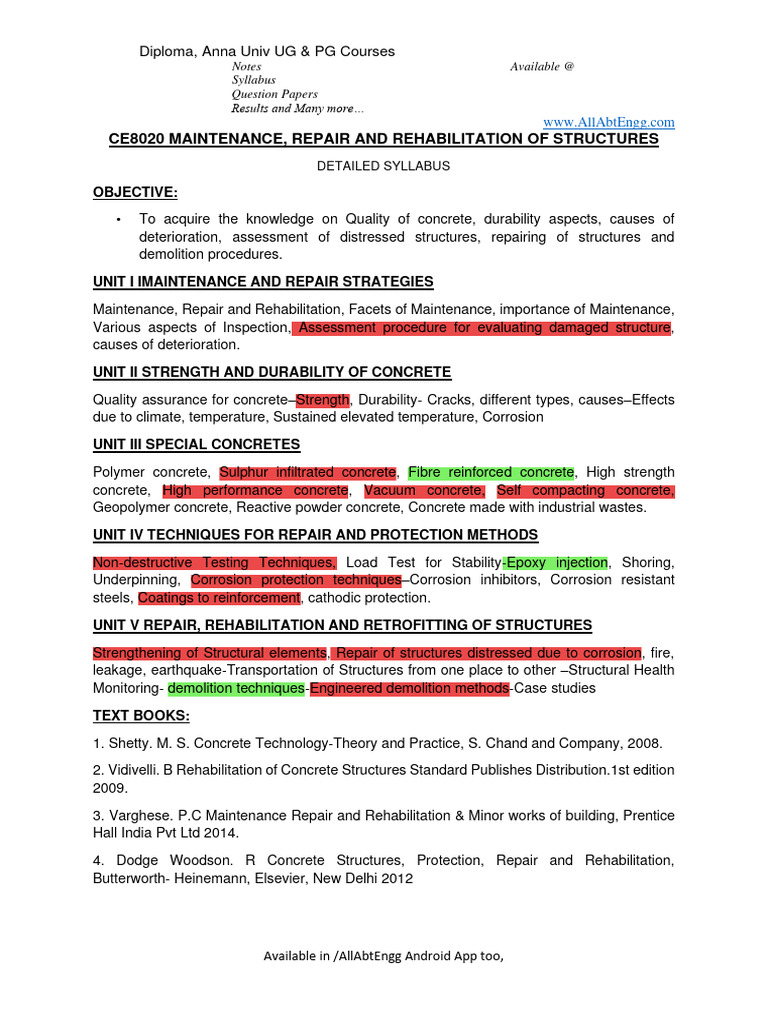 CE8020: Repair & Rehabilitation Syllabus | PDF