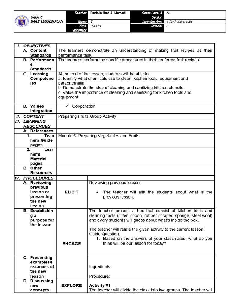 Preparing Vegetables and Fruits (Group ) PDF Lesson Plan Kitchen