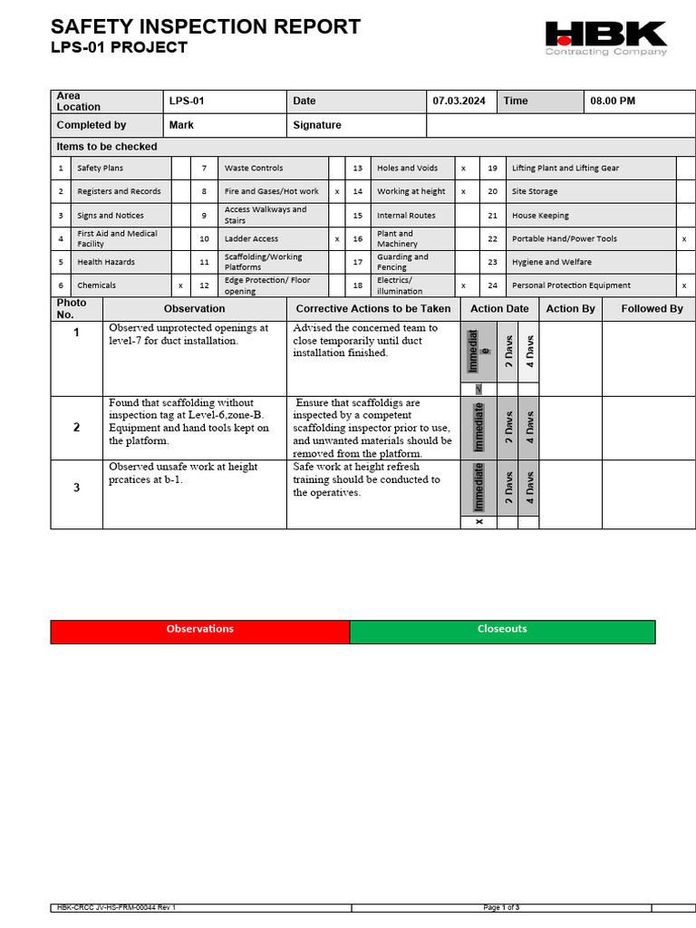 LPS-01 Project Safety Inspection Report | PDF | Scaffolding | Safety