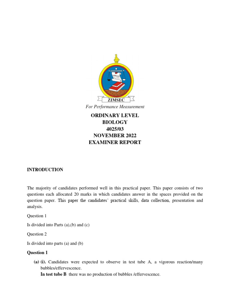 O Level Biology 2022 Examiner Report | PDF | Ph | Enzyme