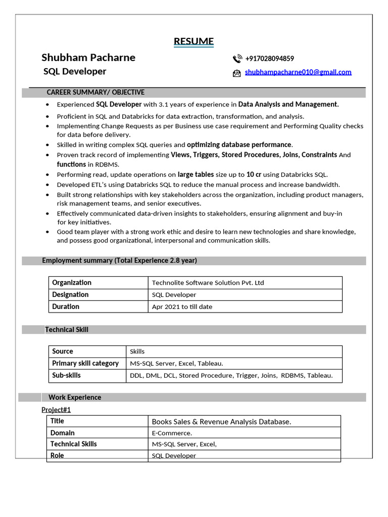 SQL Developer Resume - Shubham Pacharne | PDF | Sql | Microsoft Sql Server