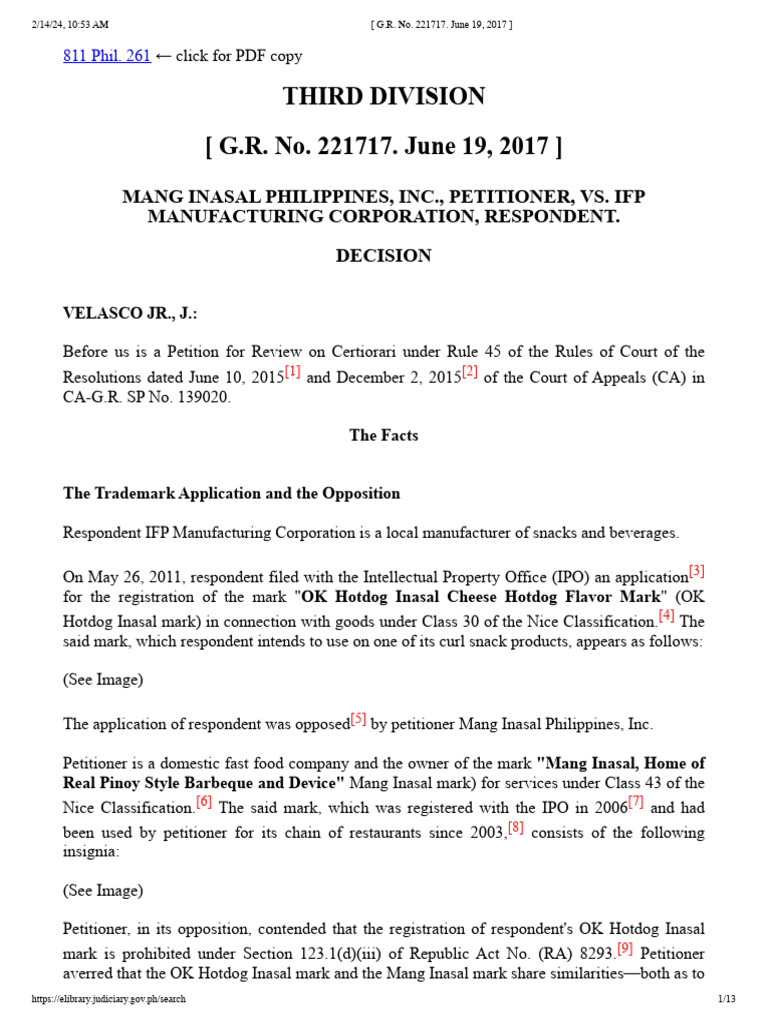 Image showcasing Trademark Dispute: Mang Inasal vs. IFP | PDF | Business | Law