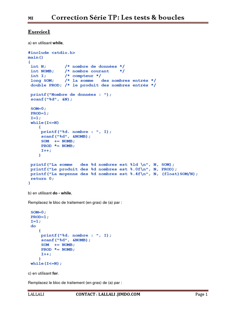 Exercices Corrigés : Boucles en C | PDF | Mathématiques appliqués ...