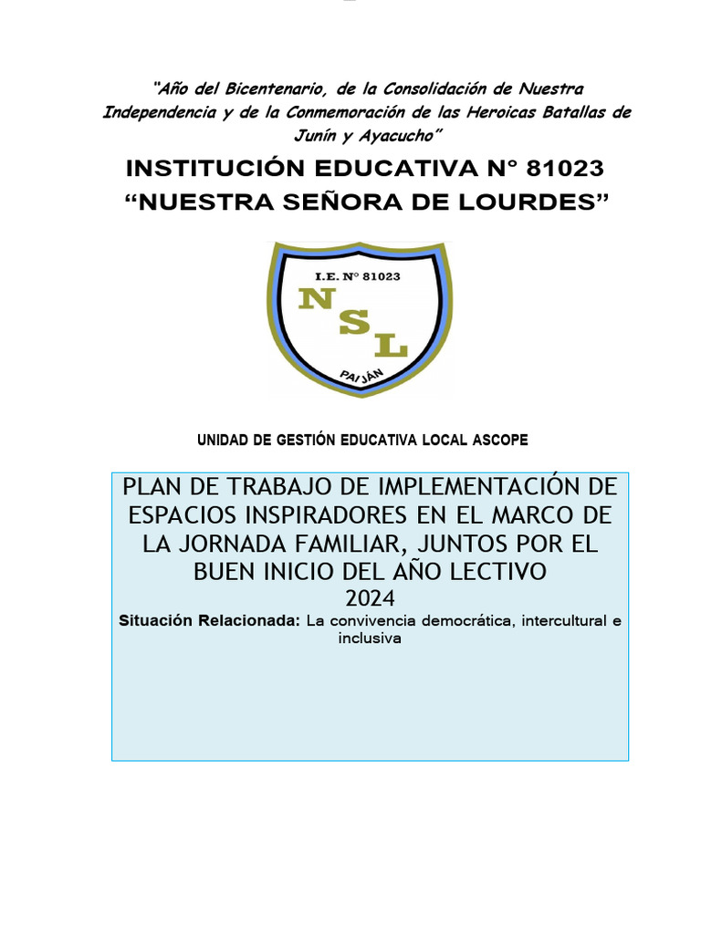 Plan de Espacios Inspiradores Buen Inicio Del Ano Escolar 2024 | PDF