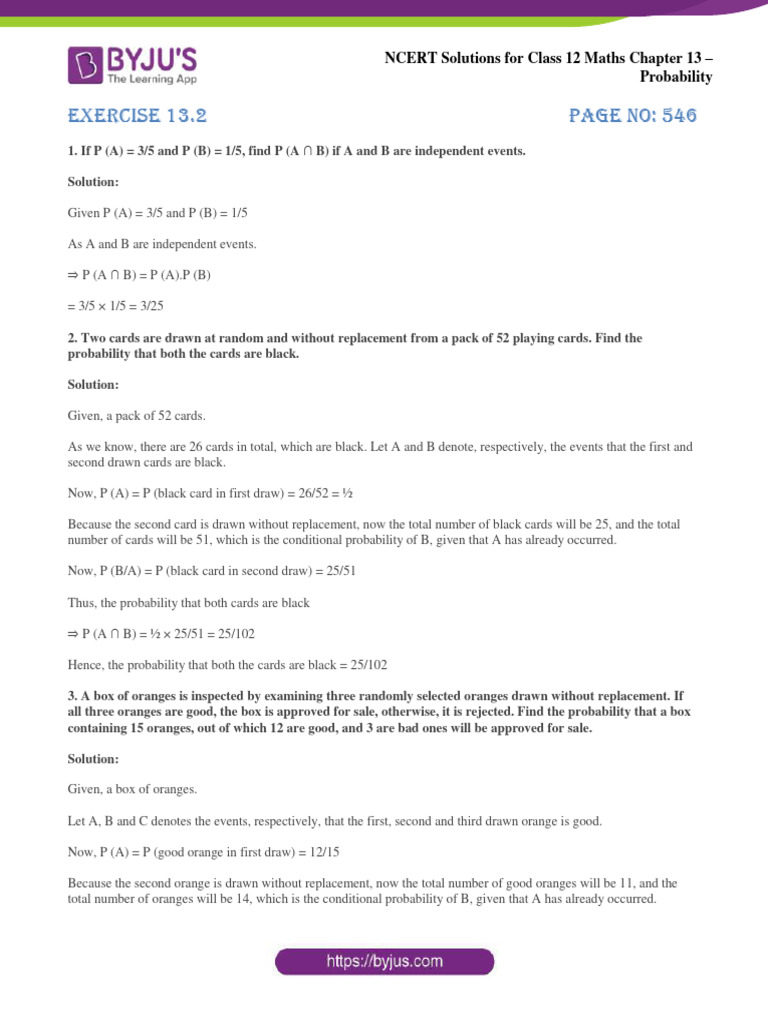 NCERT Solutions For Class 12 Maths Chapter 13 Probability Exercise 13.2 ...