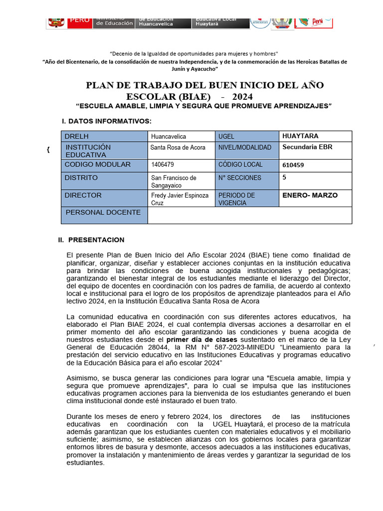 Plan de Buen Inicio Escolar 2024 | PDF | Educación primaria | Educación ...