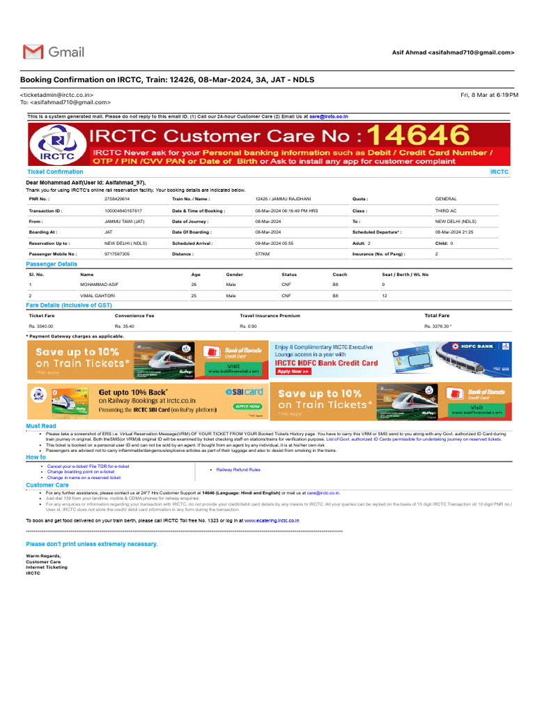 Booking Confirmation On IRCTC, Train 12426, 08-Mar-2024, 3A, JAT - NDLS ...