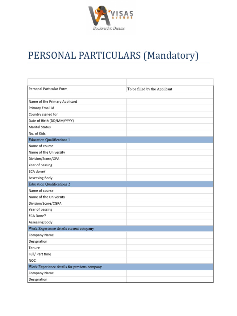 Personal Particulars Form PDF