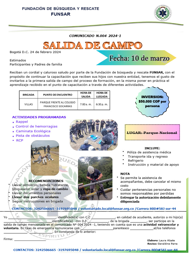 Salida de Campo FUNSAR: Inscripción y Detalles | PDF