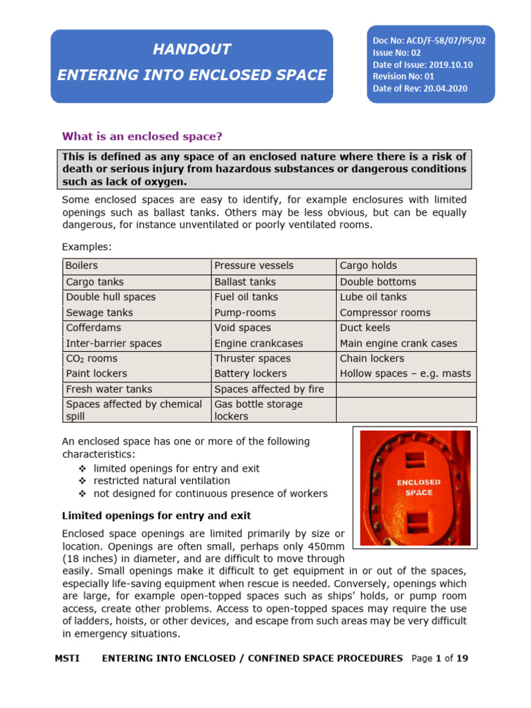 Precautions before Entering Enclosed or Contaminated Space - Handout | PDF