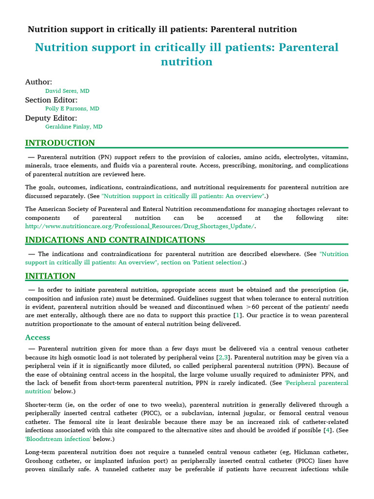 Nutrition Support in Critically Ill Patients - Parenteral Nutrition ...