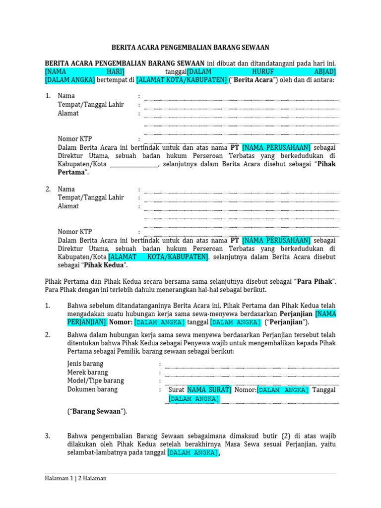 Berita Acara Pengembalian Barang Sewa | PDF | Penge…