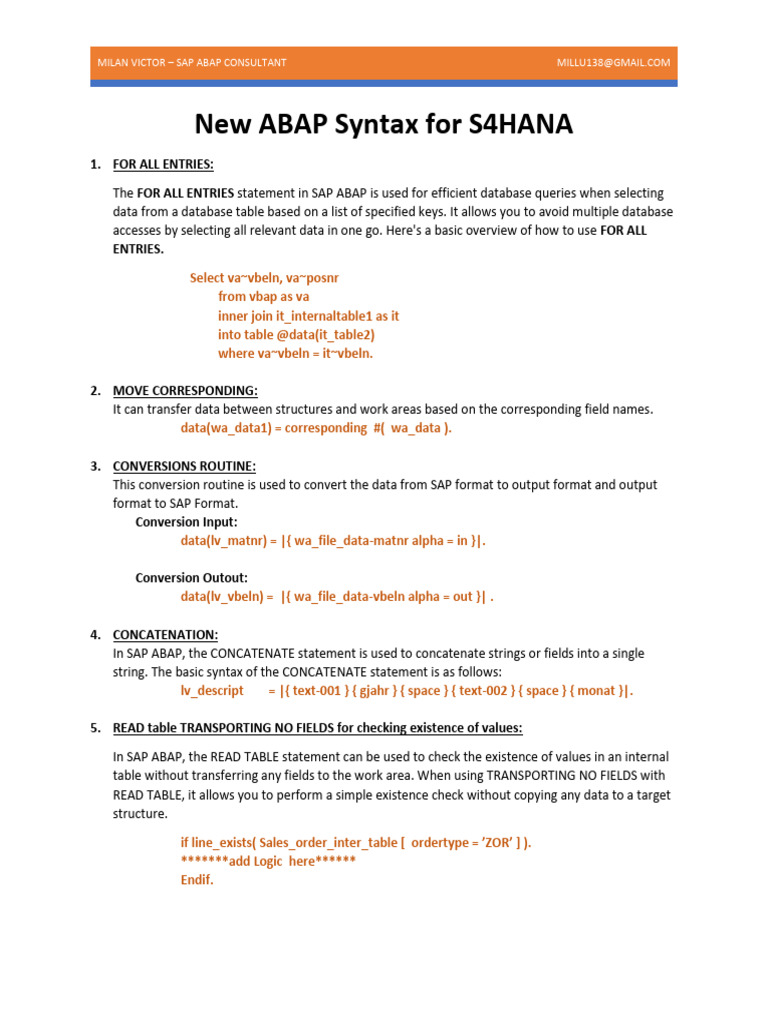 New ABAP Syntax for S4HANA Guide | PDF | Constructor (Object Oriented ...