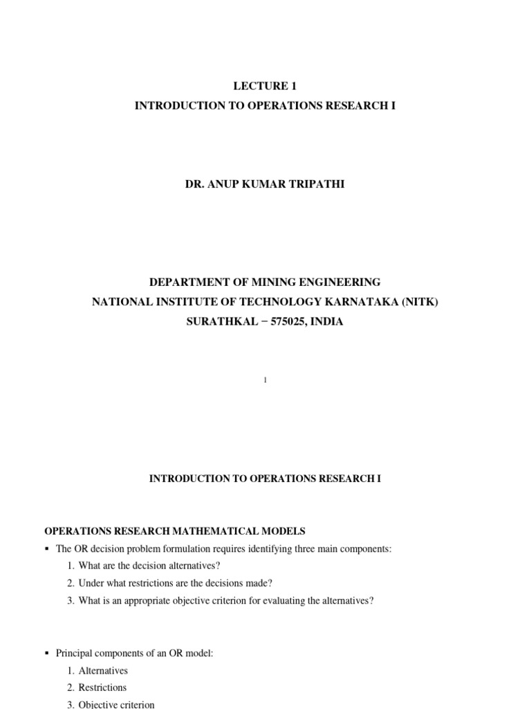 Lecture 1 - Introduction to Operations Research I | PDF
