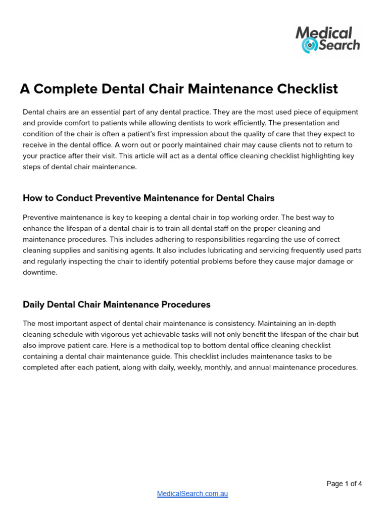 A Complete Dental Chair Maintenance Checklist MedicalSearch PDF