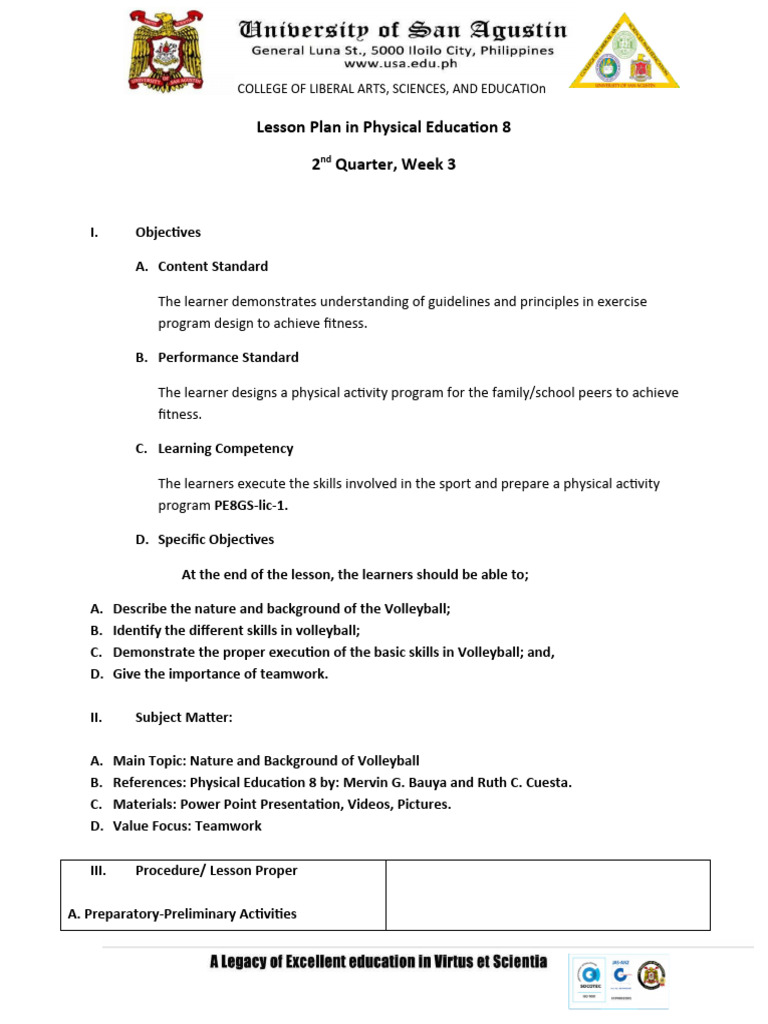 Volleyball Lesson Plan for PE 8 | PDF | Volleyball | Sports