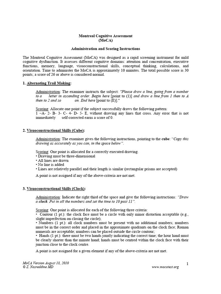 MoCA Administration and Scoring Guide | PDF