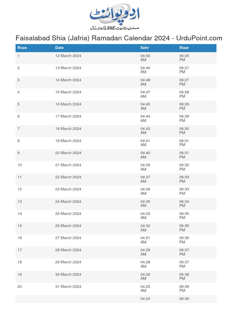 Faisalabad Shia Ramadan Calendar 2024 Urdupoint PDF