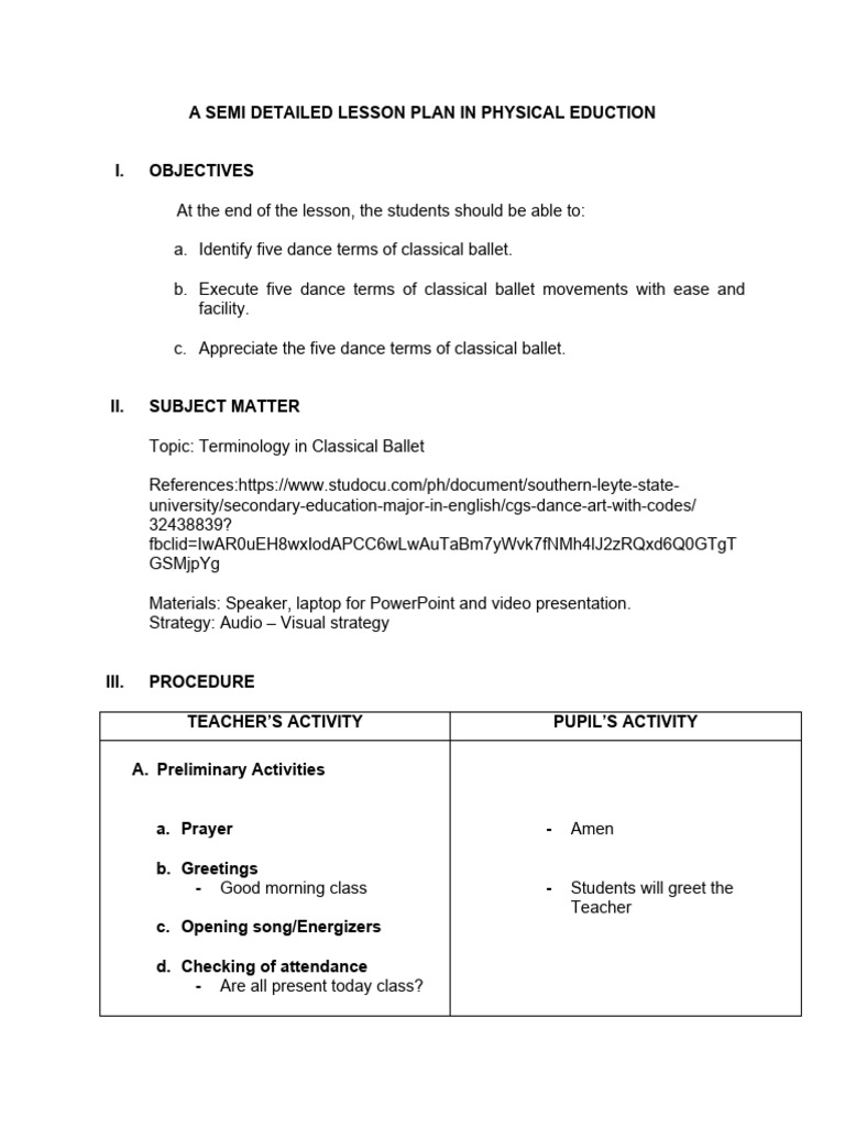 A SEMI DETAILED LESSON PLAN Classical Ballet | PDF