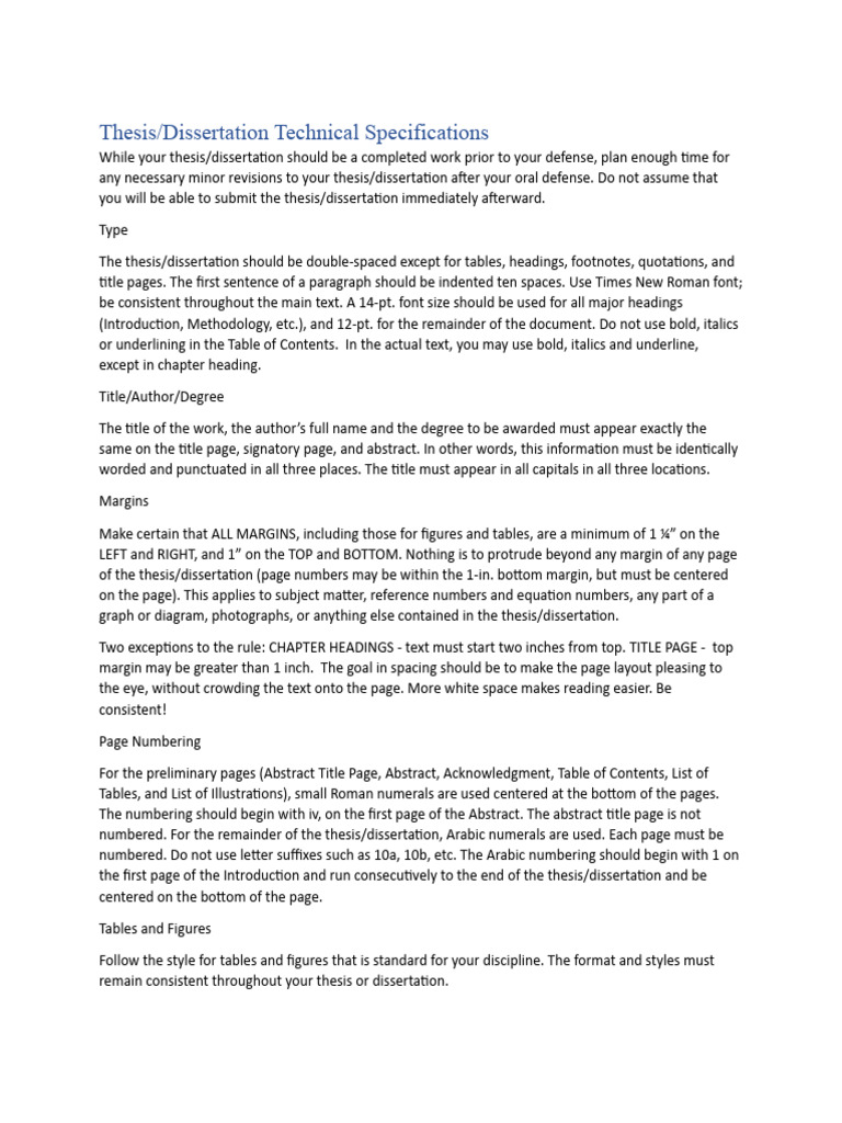 Thesis Format and Technical Specs | PDF | Thesis | Note (Typography)