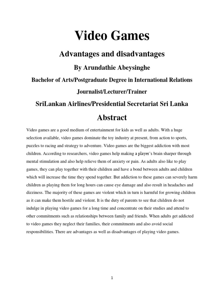 Video Games Advantages and Disadvantages PDF Adolescence Violence