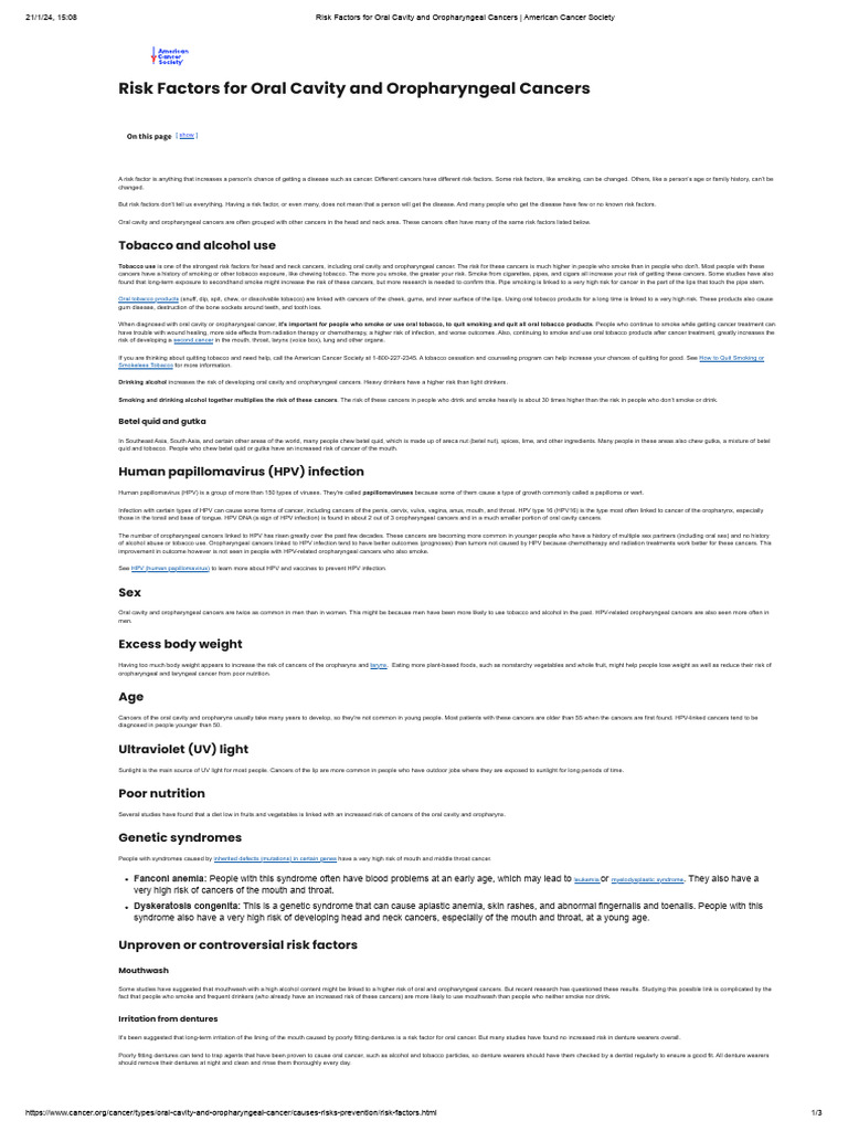 Risk Factors For Oral Cavity and Oropharyngeal Cancers - American ...