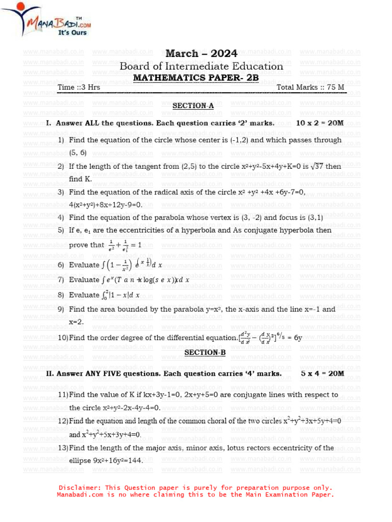 Inter 2nd Year Maths IIB (English Medium) 2024 Guess Paper-1 | PDF ...